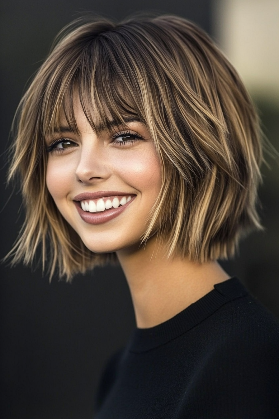 20. Choppy Textured Bob in Light Mocha Brown (Short Bob Hairstyles With Bangs) - Short Bob Hairstyles With Bangs