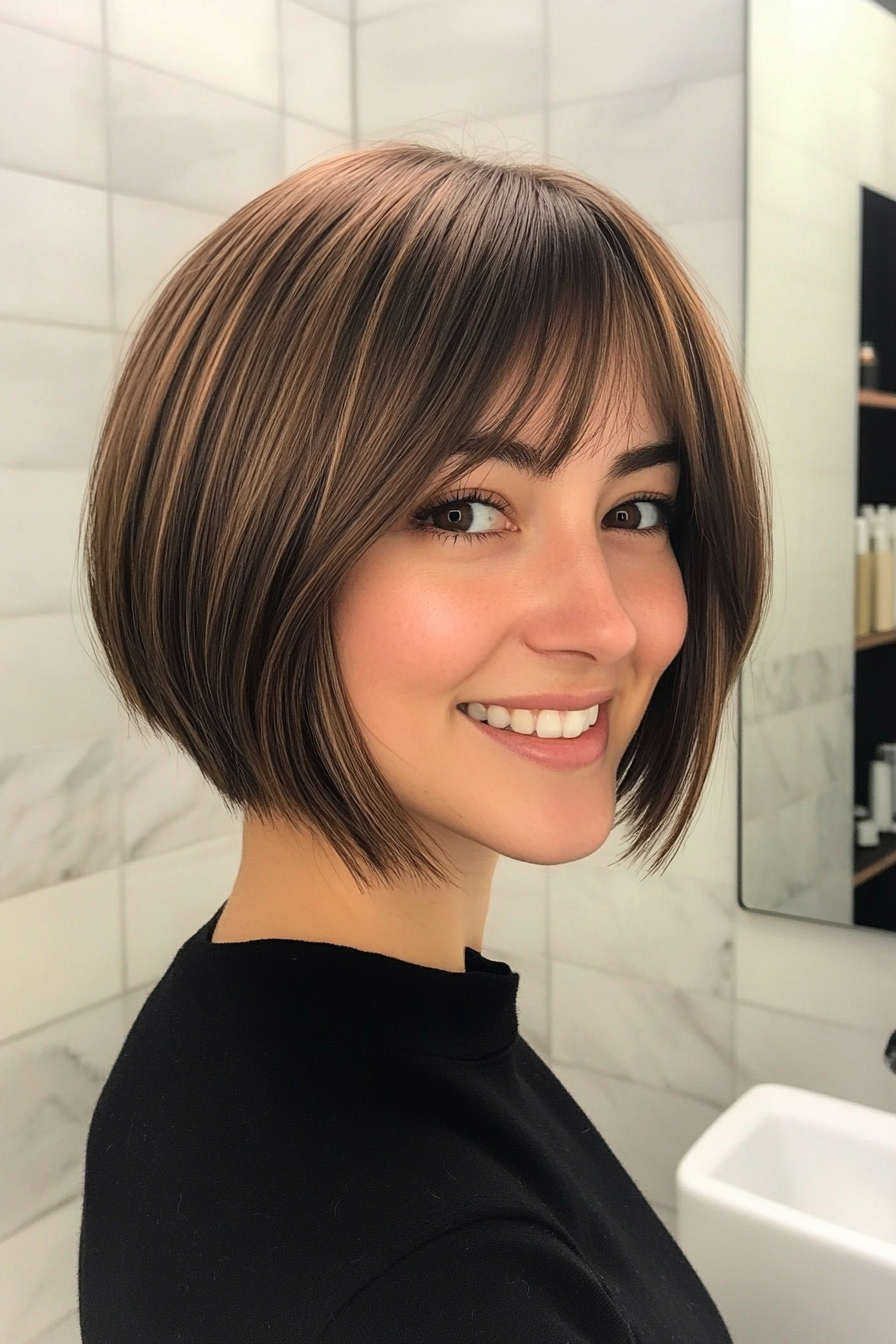 22. Polished Bob with Tapered Ends in Medium Chestnut (Short Bob Hairstyles With Bangs) - Short Bob Hairstyles With Bangs