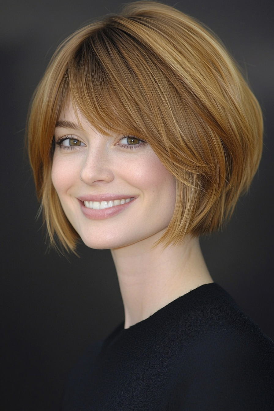 23. Short Layered Bob in Light Golden Brown (Short Bob Hairstyles With Bangs) - Short Bob Hairstyles With Bangs