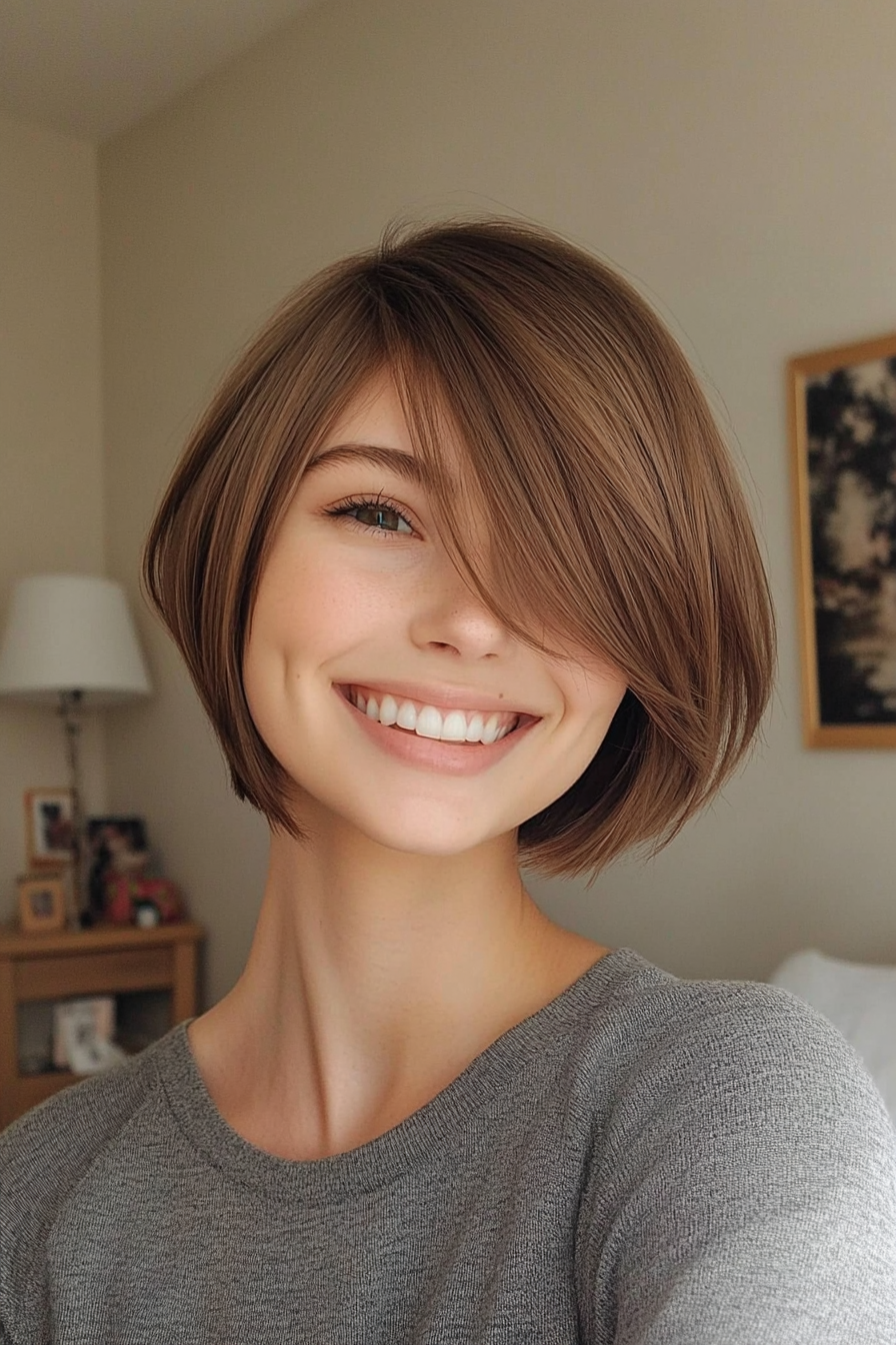 24. Side-Parted Bob in Soft Hazel Brown (Short Bob Hairstyles With Bangs) - Short Bob Hairstyles With Bangs