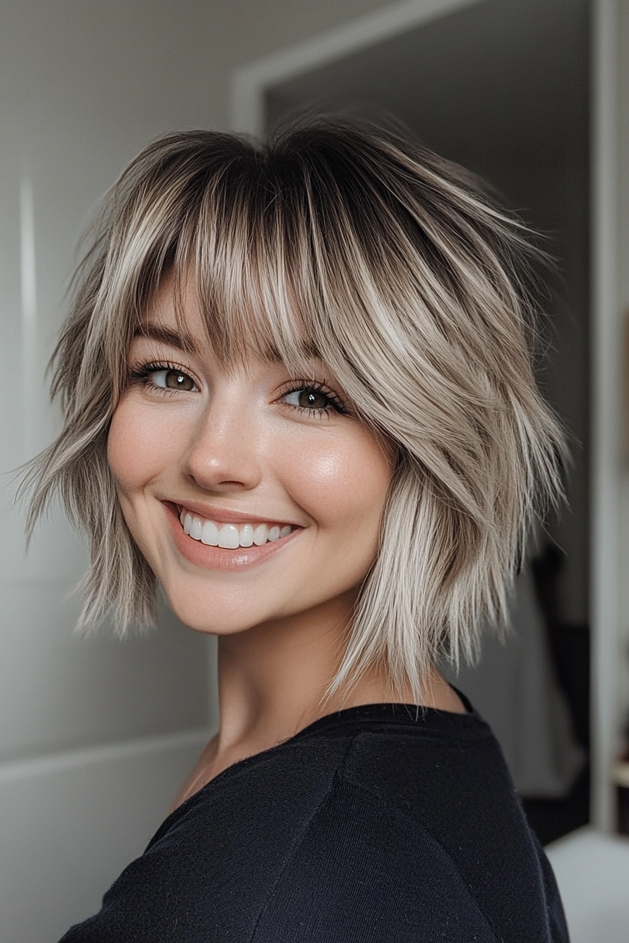25. Fluffy Bob with Wispy Bangs in Dark Ash Blonde (Short Bob Hairstyles With Bangs) - Short Bob Hairstyles With Bangs