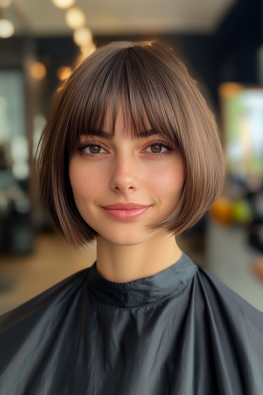 26. Round Bob with Classic Bangs in Espresso Brown (Short Bob Hairstyles With Bangs) - Short Bob Hairstyles With Bangs
