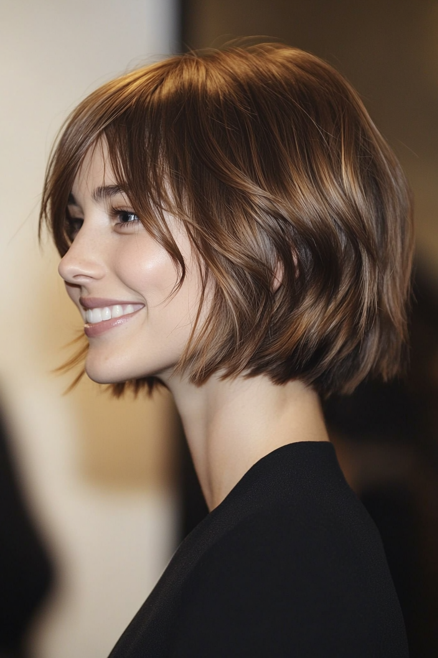 27. Effortless Bob with Grown-Out Bangs in Soft Amber Brown (Short Bob Hairstyles With Bangs) - Short Bob Hairstyles With Bangs