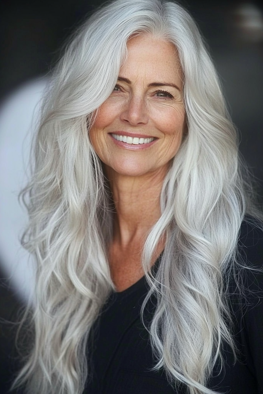 1. Soft Layered Silver Waves (Hairstyles For Women Over 60 With Long Hair) - Hairstyles For Women Over 60 With Long Hair