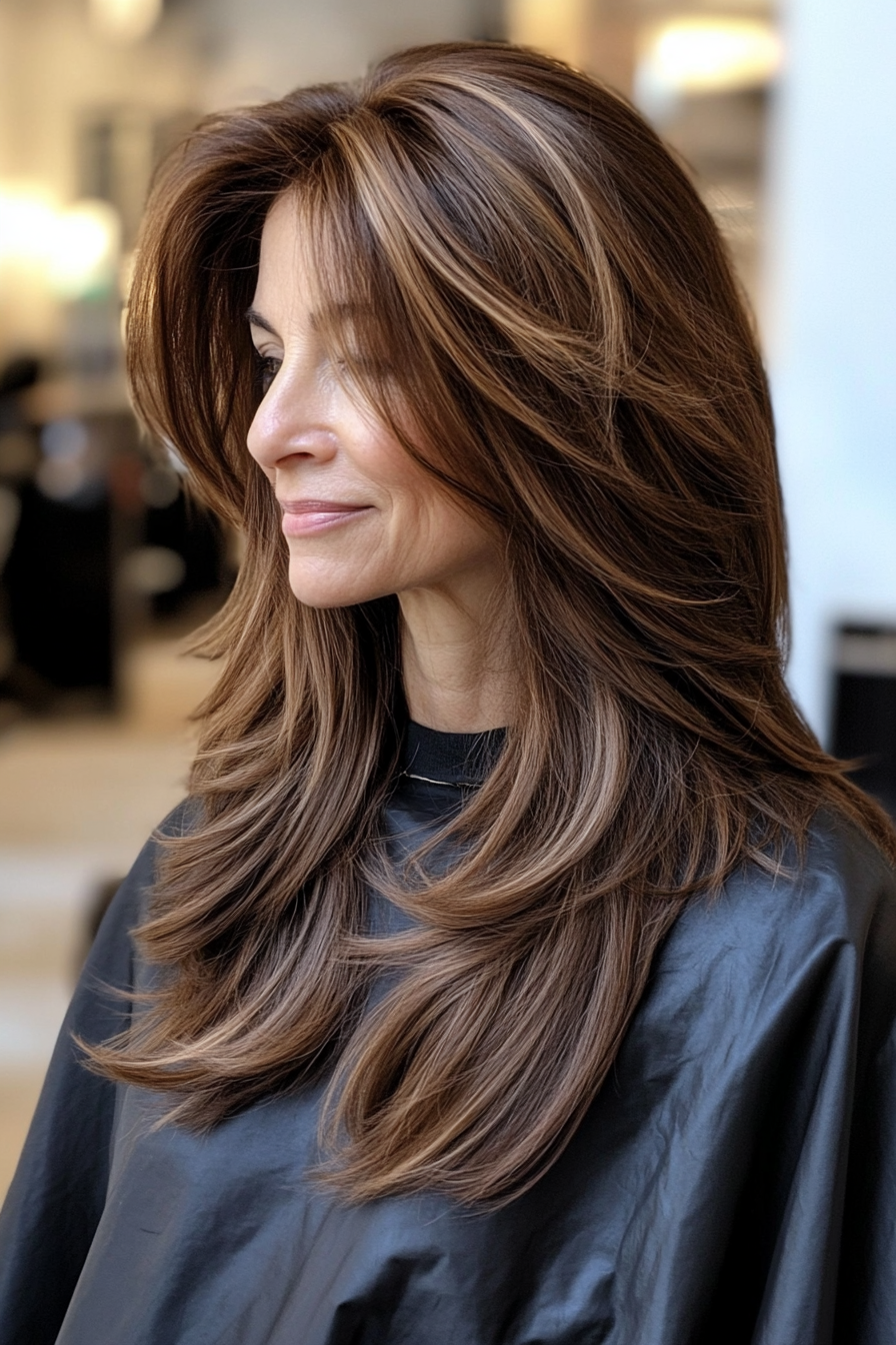 3. Chestnut Brown Feathered Ends (Hairstyles For Women Over 60 With Long Hair) - Hairstyles For Women Over 60 With Long Hair