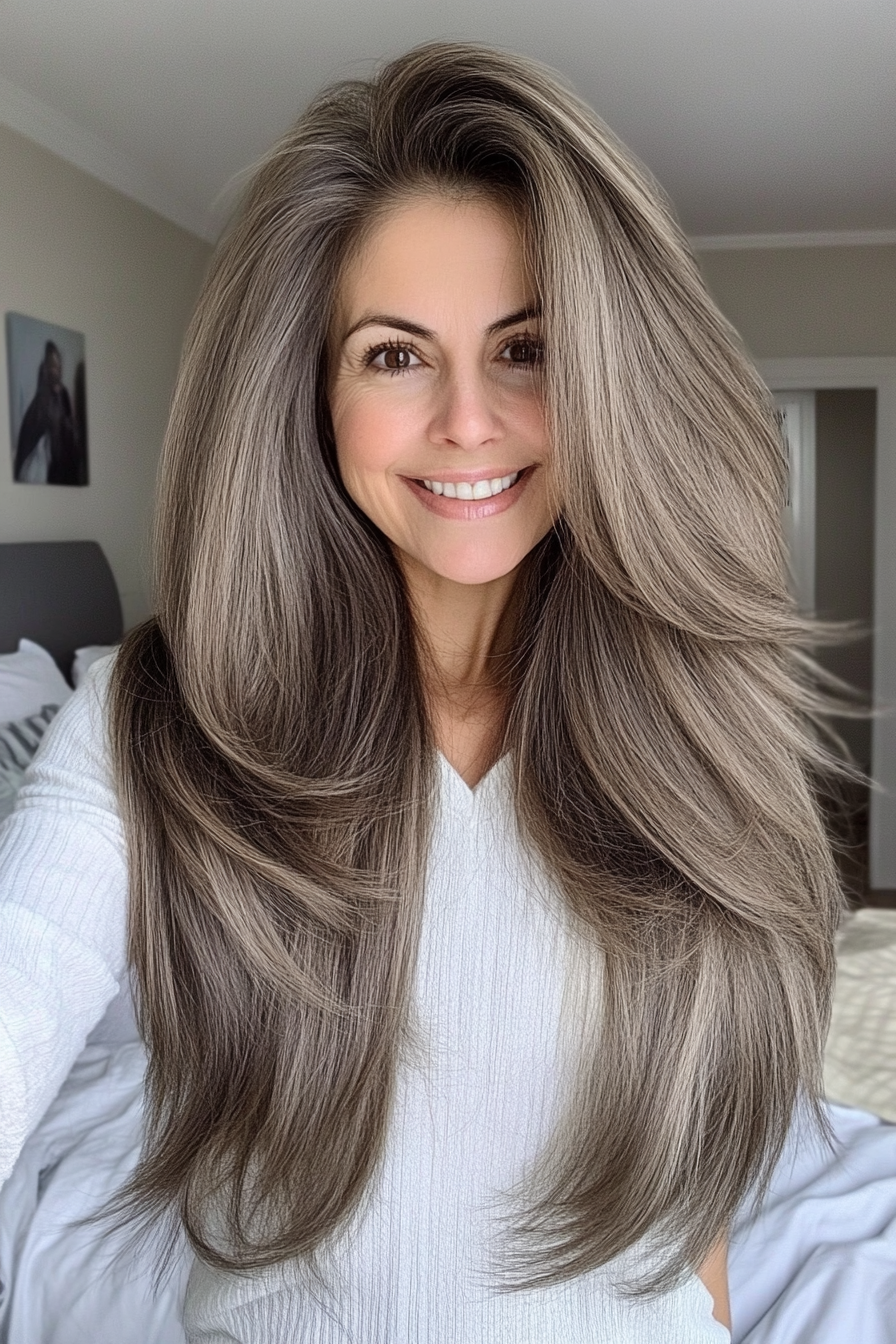 5. Ash Brown Long Shag (Hairstyles For Women Over 60 With Long Hair) - Hairstyles For Women Over 60 With Long Hair