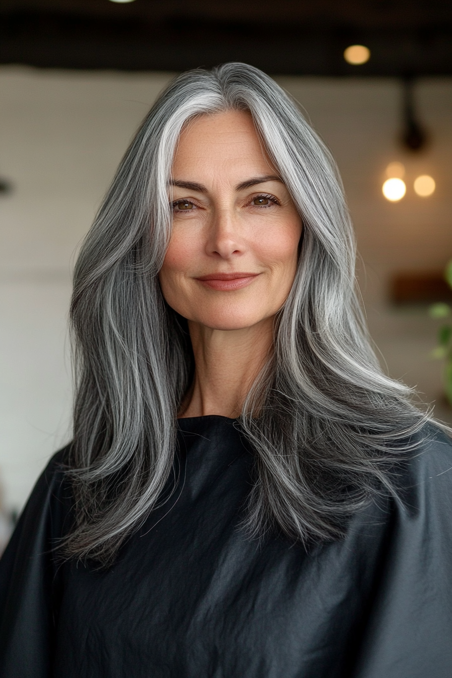 6. Salt-and-Pepper Layered Cut (Hairstyles For Women Over 60 With Long Hair) - Hairstyles For Women Over 60 With Long Hair