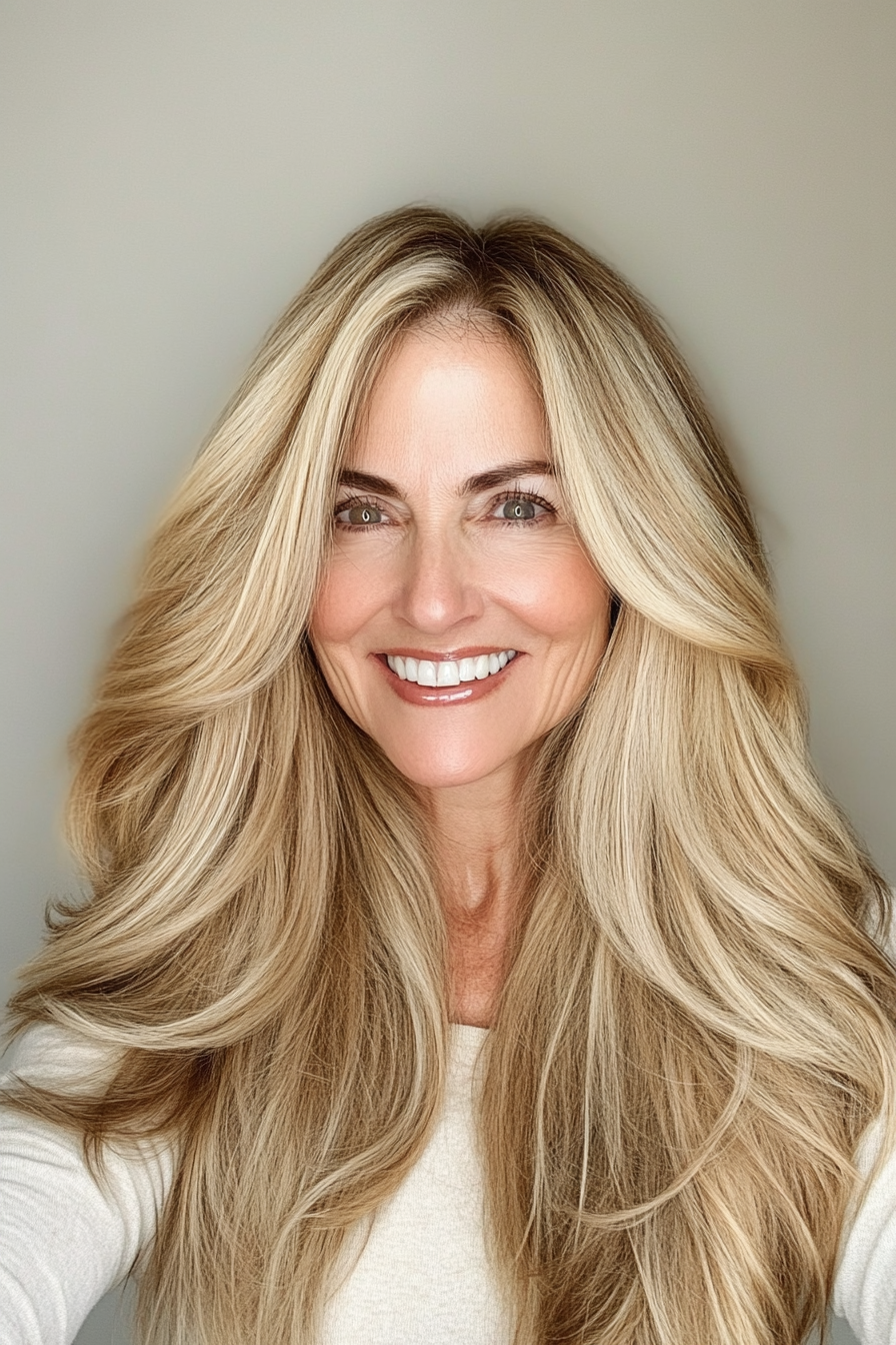 7. Golden Blonde Long Curtain Layers (Hairstyles For Women Over 60 With Long Hair) - Hairstyles For Women Over 60 With Long Hair