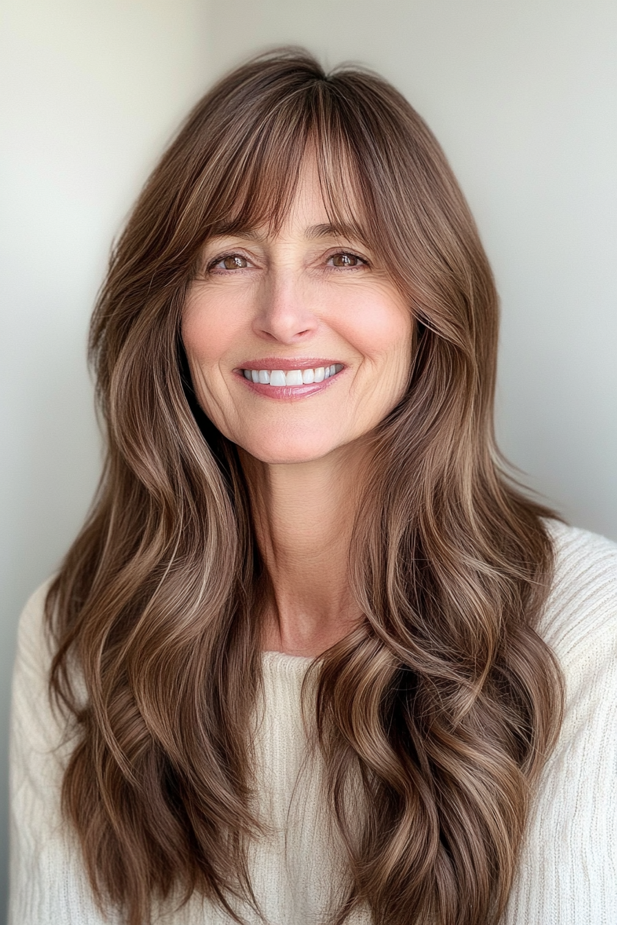 8. Hazelnut Brown with Wispy Bangs (Hairstyles For Women Over 60 With Long Hair) - Hairstyles For Women Over 60 With Long Hair