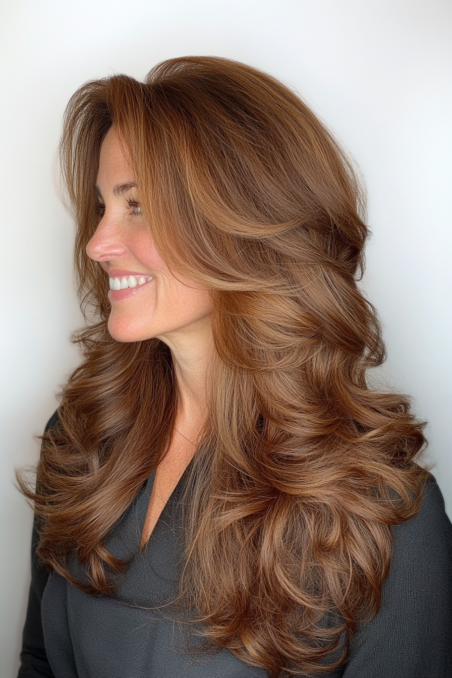 9. Soft Caramel Layered Curls (Hairstyles For Women Over 60 With Long Hair) - Hairstyles For Women Over 60 With Long Hair