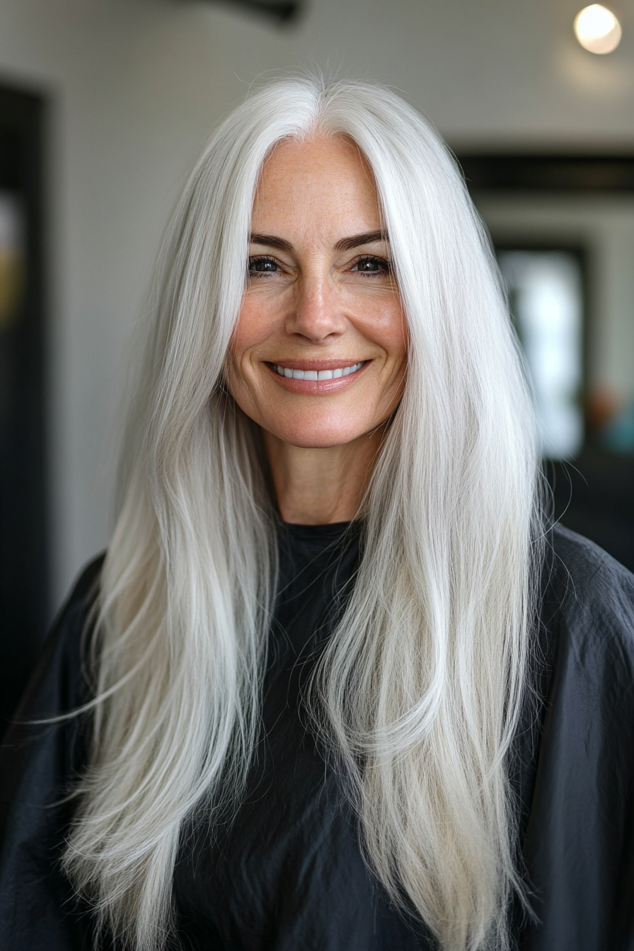 10. Natural White Long Sleek Cut (Hairstyles For Women Over 60 With Long Hair) - Hairstyles For Women Over 60 With Long Hair