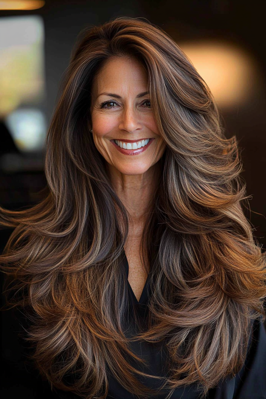 11. Deep Brunette Voluminous Layers (Hairstyles For Women Over 60 With Long Hair) - Hairstyles For Women Over 60 With Long Hair