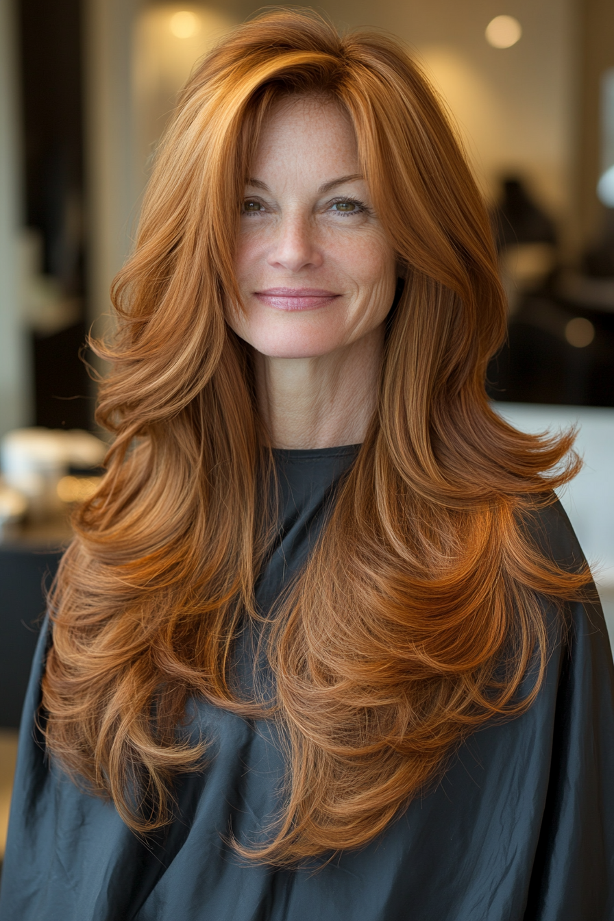 13. Soft Auburn Flowing Layers (Hairstyles For Women Over 60 With Long Hair) - Hairstyles For Women Over 60 With Long Hair