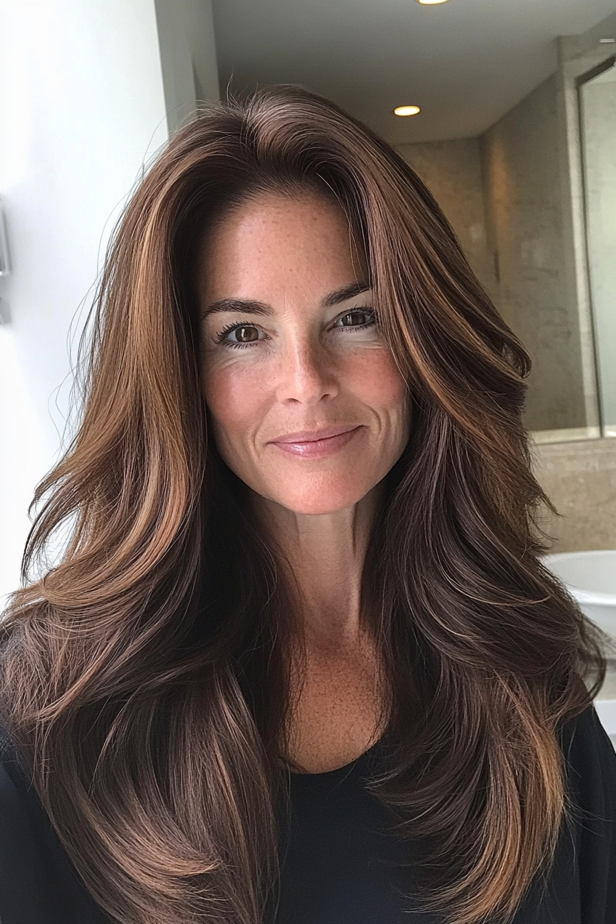 14. Chocolate Brown with Blended Highlights (Hairstyles For Women Over 60 With Long Hair) - Hairstyles For Women Over 60 With Long Hair