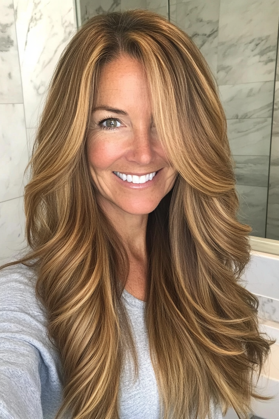 16. Golden Brown Long Tapered Layers (Hairstyles For Women Over 60 With Long Hair) - Hairstyles For Women Over 60 With Long Hair