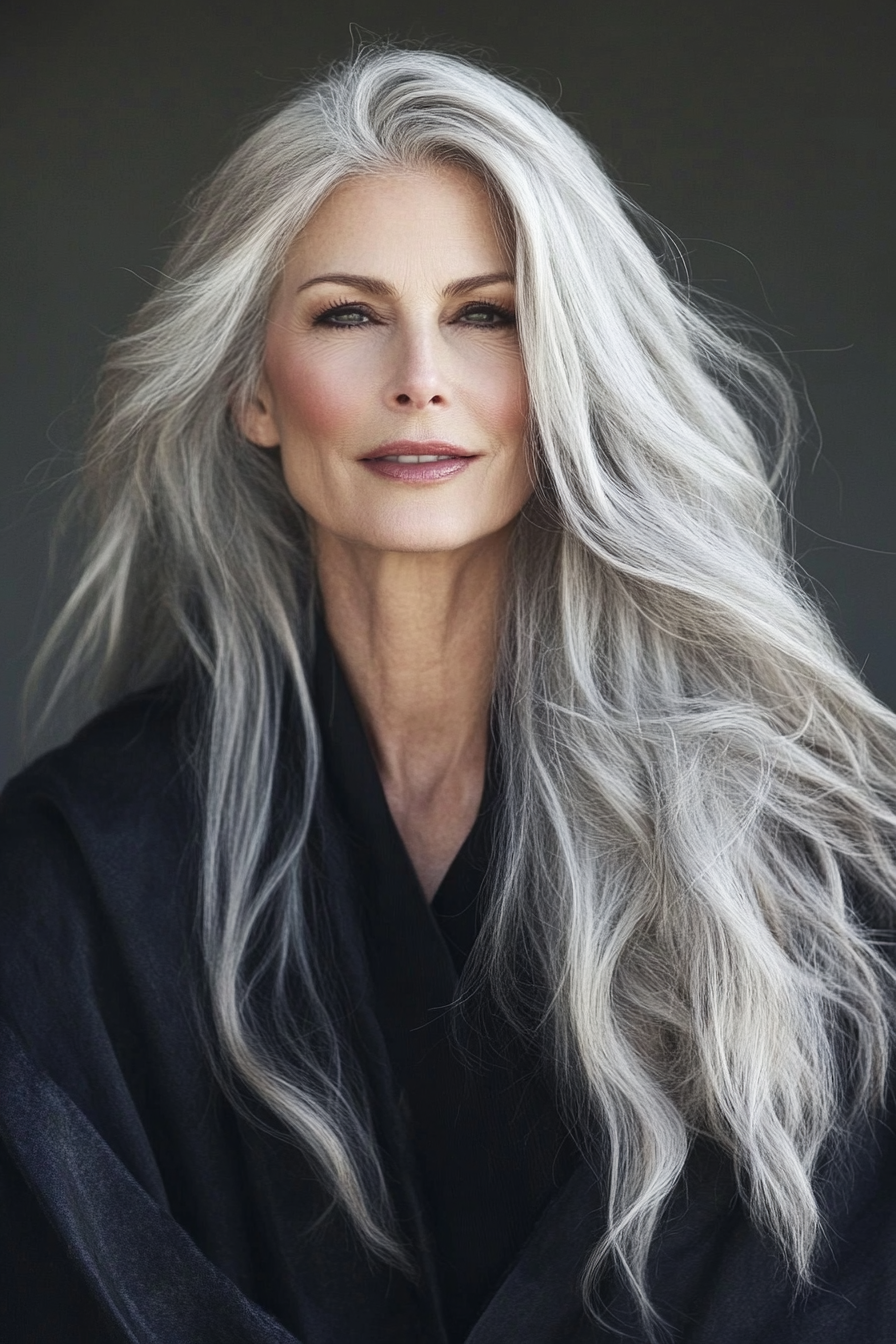 17. Cool Ash Gray with Textured Waves (Hairstyles For Women Over 60 With Long Hair) - Hairstyles For Women Over 60 With Long Hair