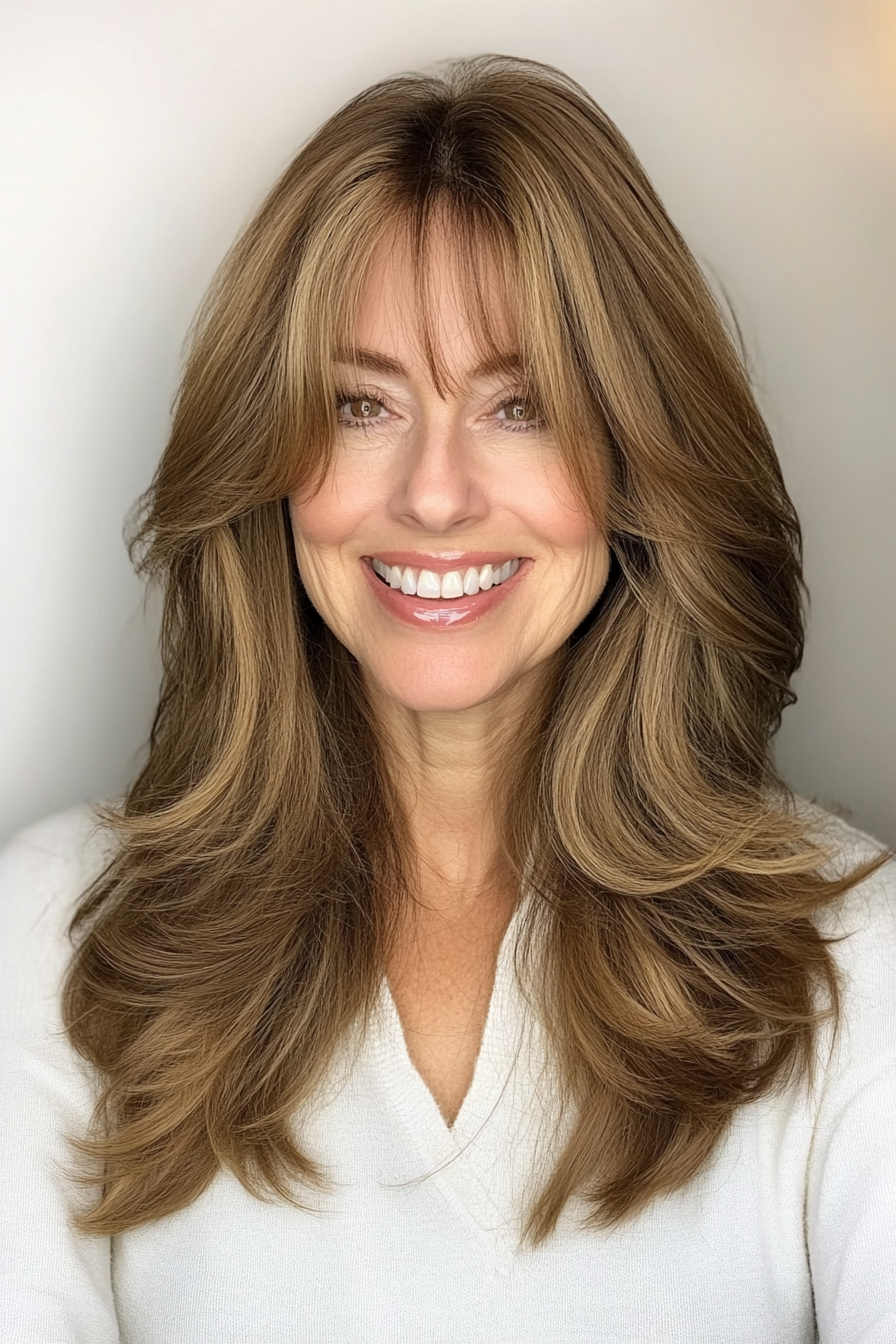 18. Medium Brown with Soft Layered Bangs (Hairstyles For Women Over 60 With Long Hair) - Hairstyles For Women Over 60 With Long Hair