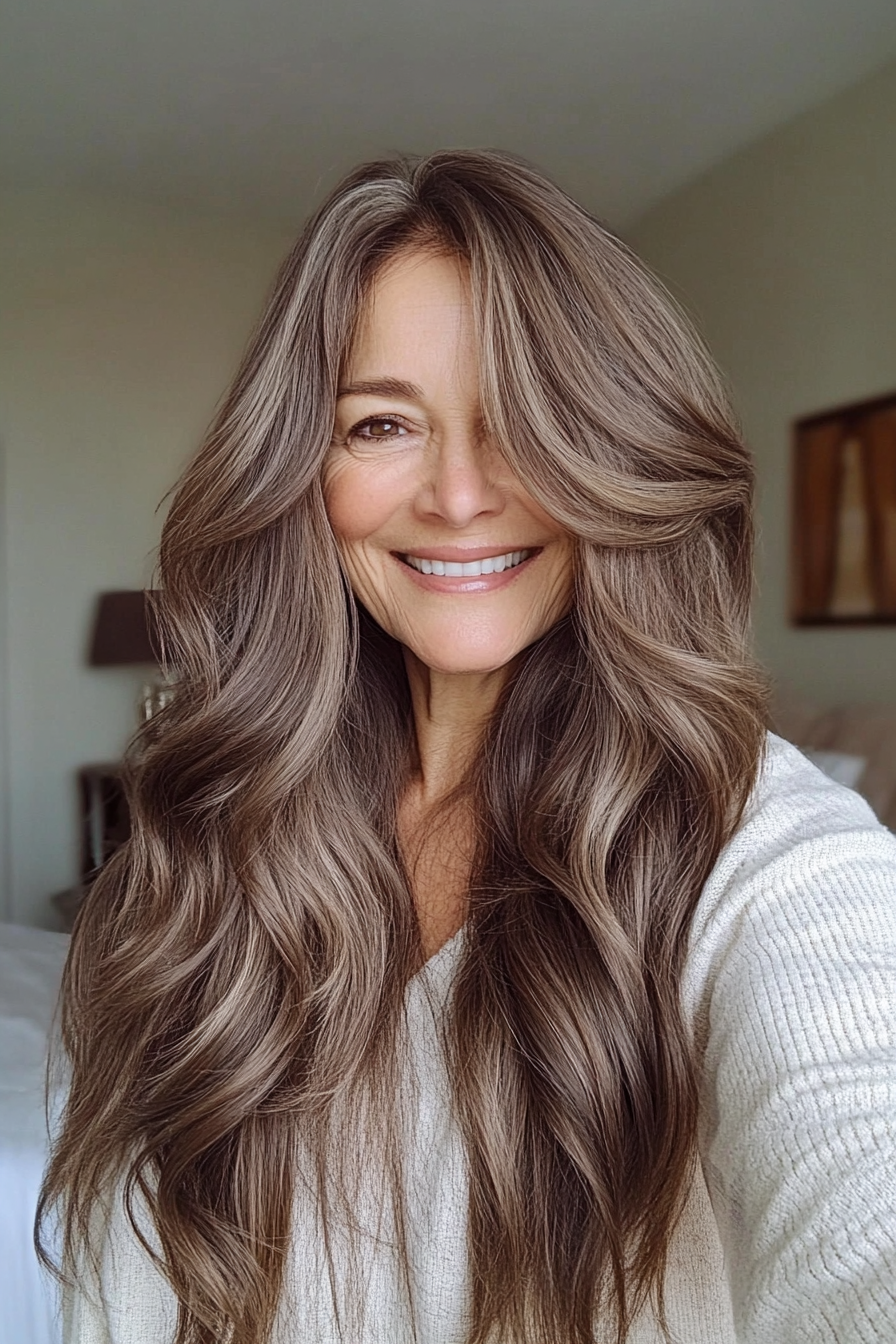19. Soft Mocha Brown Cascading Waves (Hairstyles For Women Over 60 With Long Hair) - Hairstyles For Women Over 60 With Long Hair