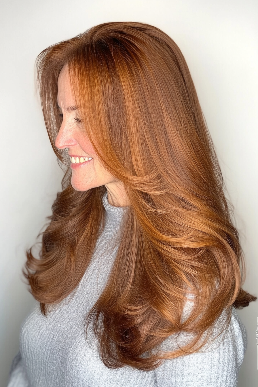 22. Warm Cinnamon Brown with Soft Layers (Hairstyles For Women Over 60 With Long Hair) - Hairstyles For Women Over 60 With Long Hair