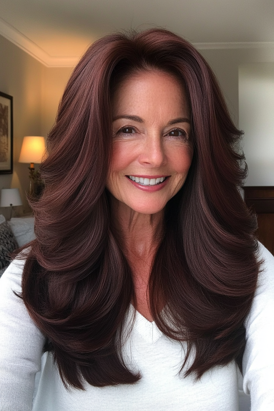 24. Rich Mahogany Layered Volume (Hairstyles For Women Over 60 With Long Hair) - Hairstyles For Women Over 60 With Long Hair