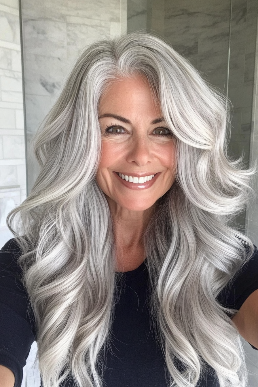 27. Silver Champagne Waves with Subtle Layers (Hairstyles For Women Over 60 With Long Hair) - Hairstyles For Women Over 60 With Long Hair