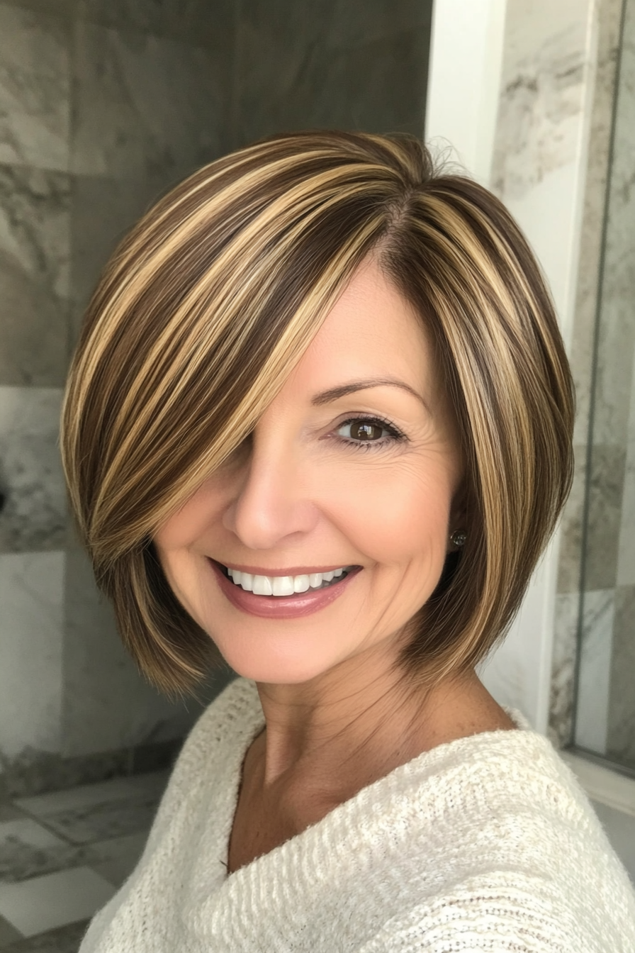 3. Classic Bob with Golden Brown Highlights (Short Hairstyles For Older Women With Thin Hair) - Short Hairstyles For Older Women With Thin Hair