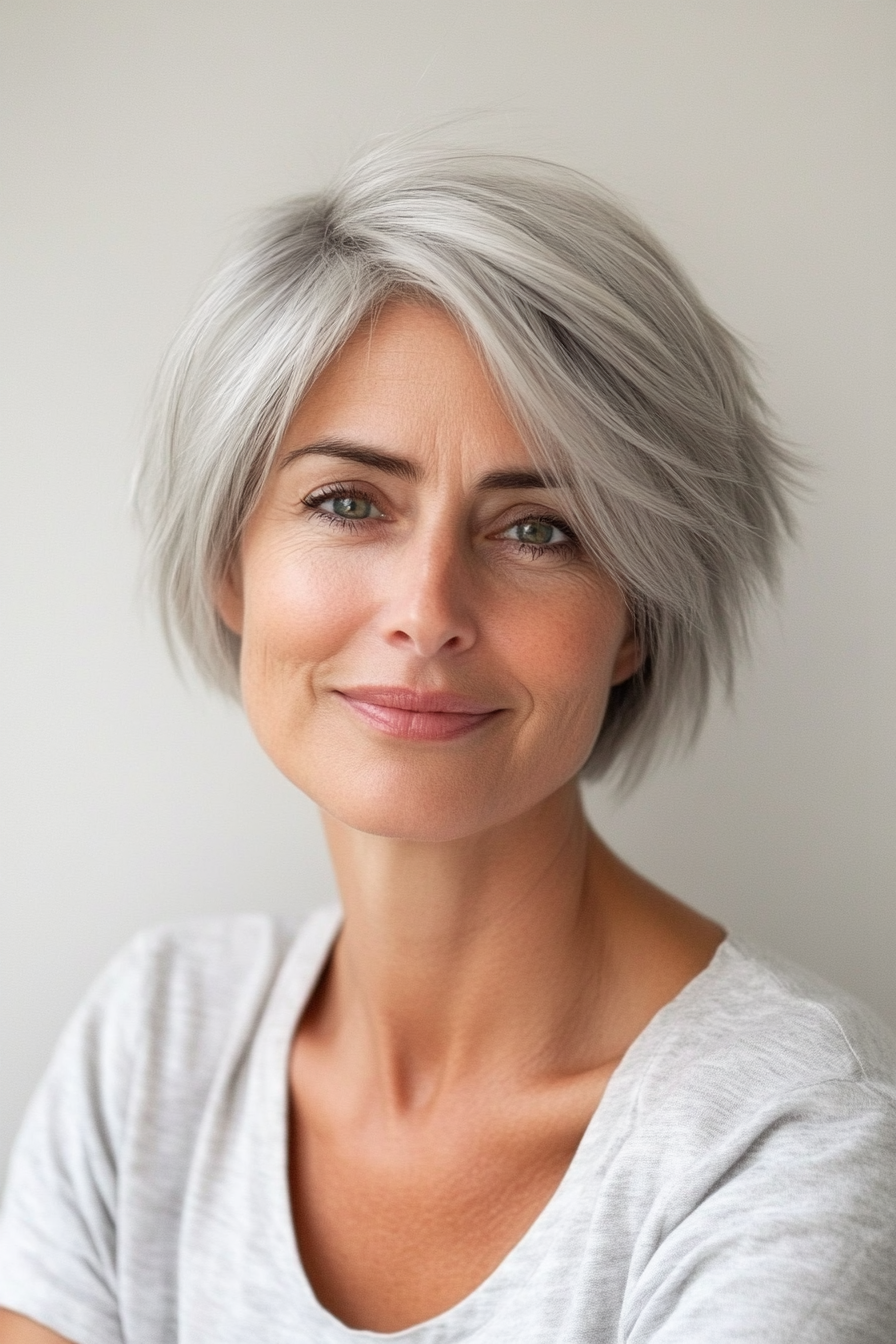 4. Wispy Layered Cut in Silver Gray (Short Hairstyles For Older Women With Thin Hair) - Short Hairstyles For Older Women With Thin Hair