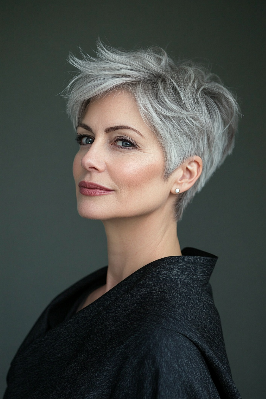 7. Side-Swept Pixie in Natural Gray (Short Hairstyles For Older Women With Thin Hair) - Short Hairstyles For Older Women With Thin Hair