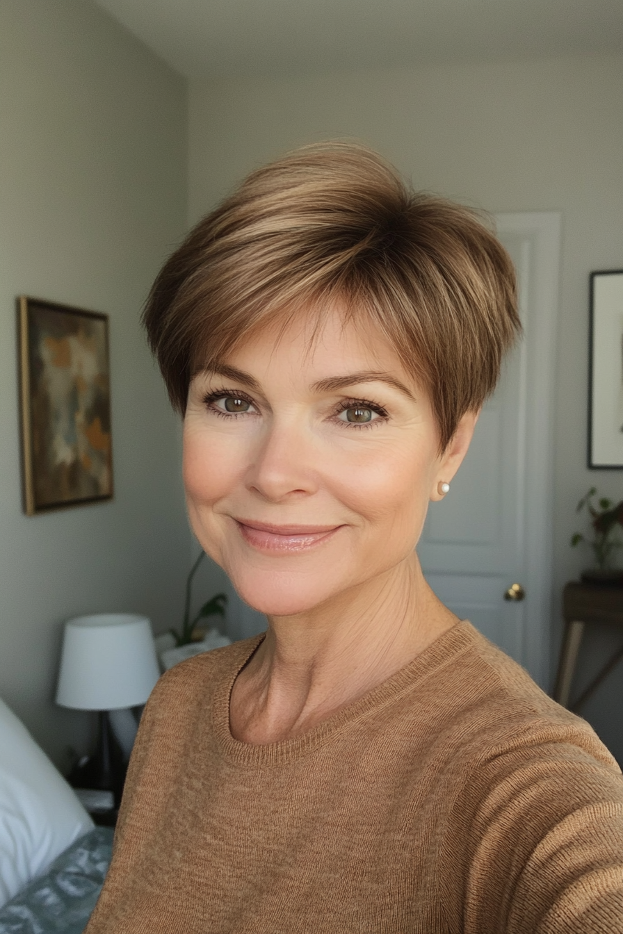 8. Chin-Length Blunt Cut in Light Caramel Brown (Short Hairstyles For Older Women With Thin Hair) - Short Hairstyles For Older Women With Thin Hair