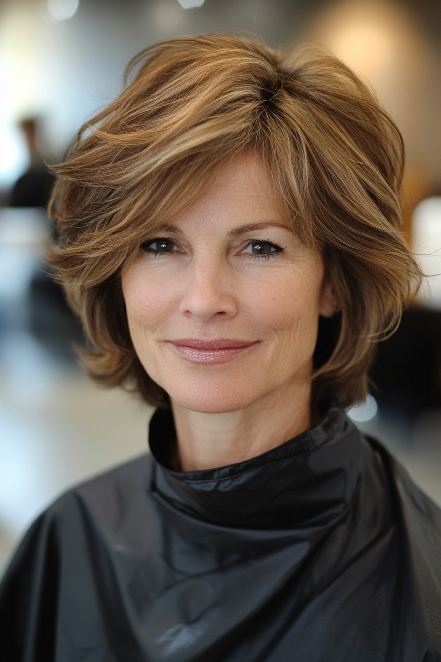 13. Neck-Length Feathered Layers in Warm Honey Brown (Short Hairstyles For Older Women With Thin Hair) - Short Hairstyles For Older Women With Thin Hair