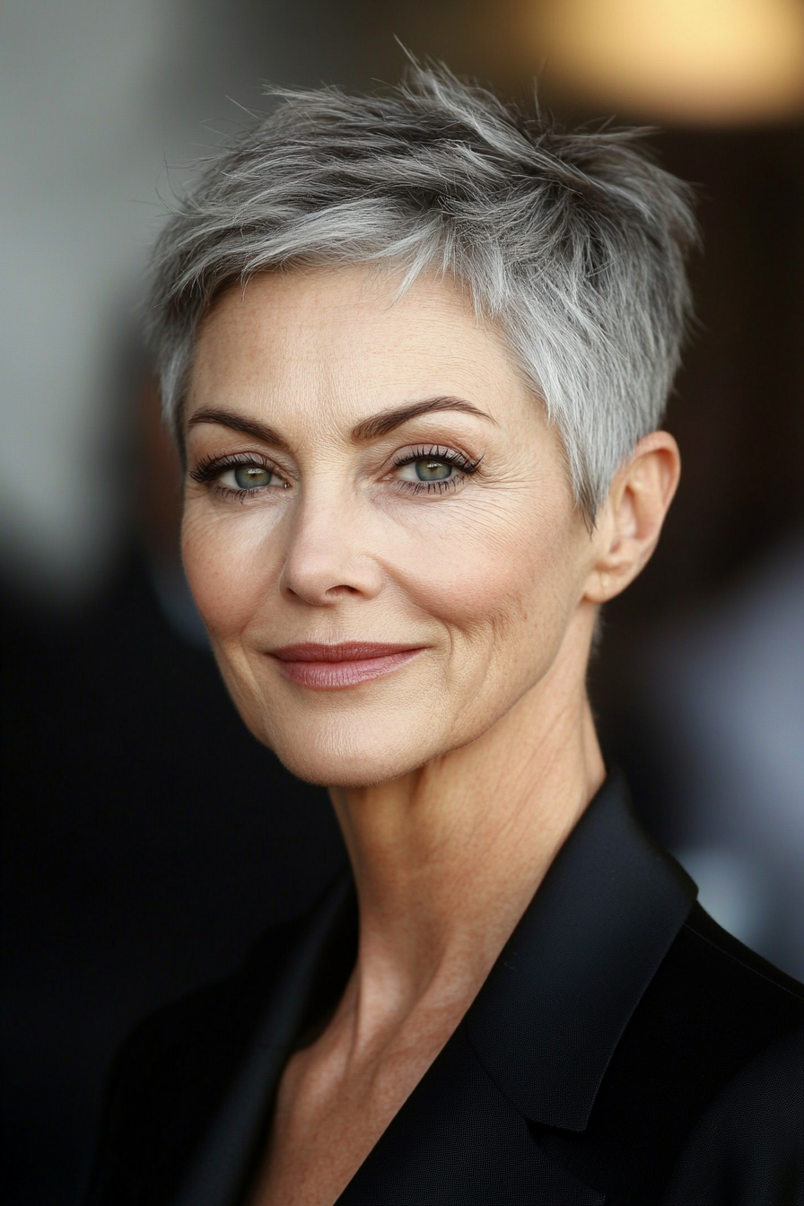 15. Swept-Back Pixie in Salt and Pepper (Short Hairstyles For Older Women With Thin Hair) - Short Hairstyles For Older Women With Thin Hair