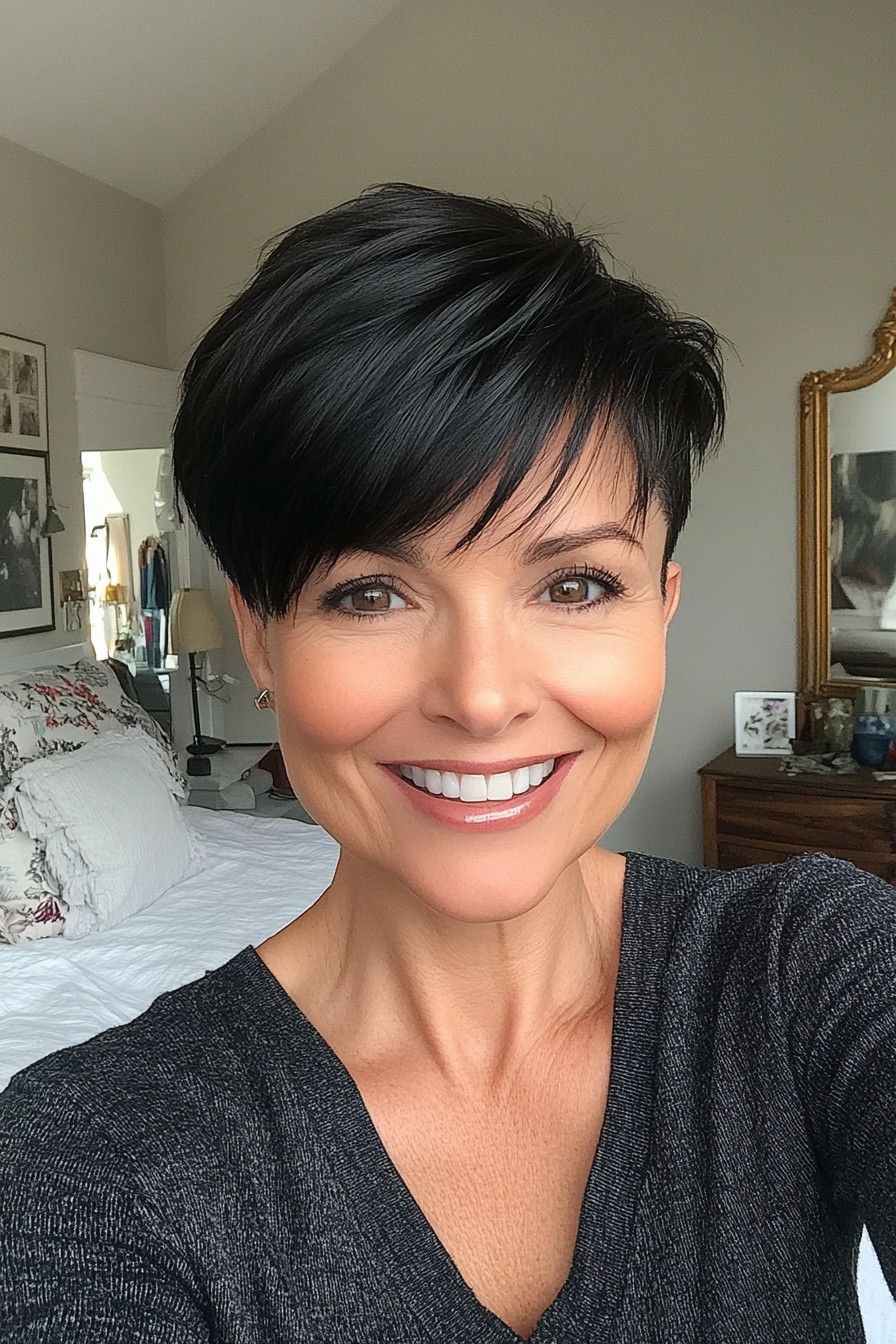 18. Subtle Undercut Pixie in Jet Black (Short Hairstyles For Older Women With Thin Hair) - Short Hairstyles For Older Women With Thin Hair