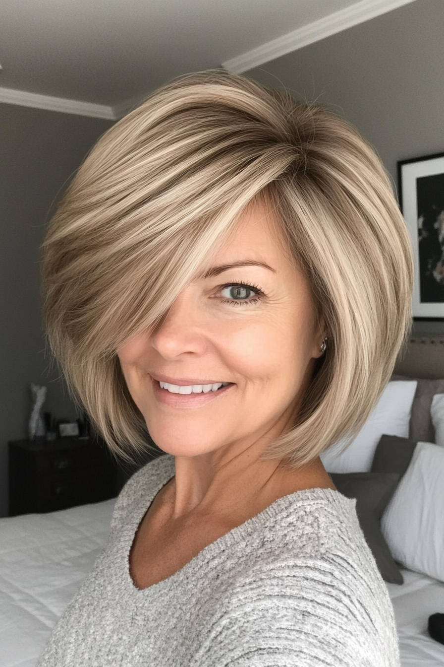 20. Stacked Bob in Natural Beige Blonde (Short Hairstyles For Older Women With Thin Hair) - Short Hairstyles For Older Women With Thin Hair