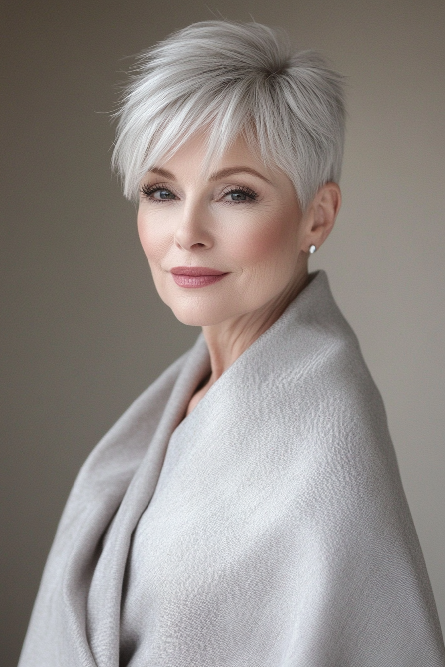 22. Pixie with Side Bangs in Soft Pearl Gray (Short Hairstyles For Older Women With Thin Hair) - Short Hairstyles For Older Women With Thin Hair
