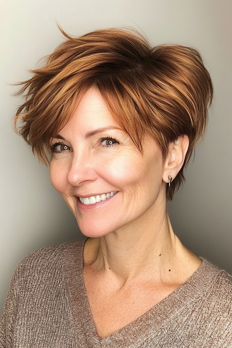 24. Choppy Crop in Golden Chestnut Brown (Short Hairstyles For Older Women With Thin Hair) - Short Hairstyles For Older Women With Thin Hair