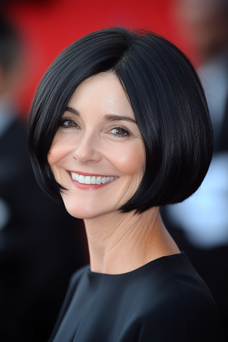 25. Sleek Ear-Length Bob in Natural Raven Black (Short Hairstyles For Older Women With Thin Hair) - Short Hairstyles For Older Women With Thin Hair