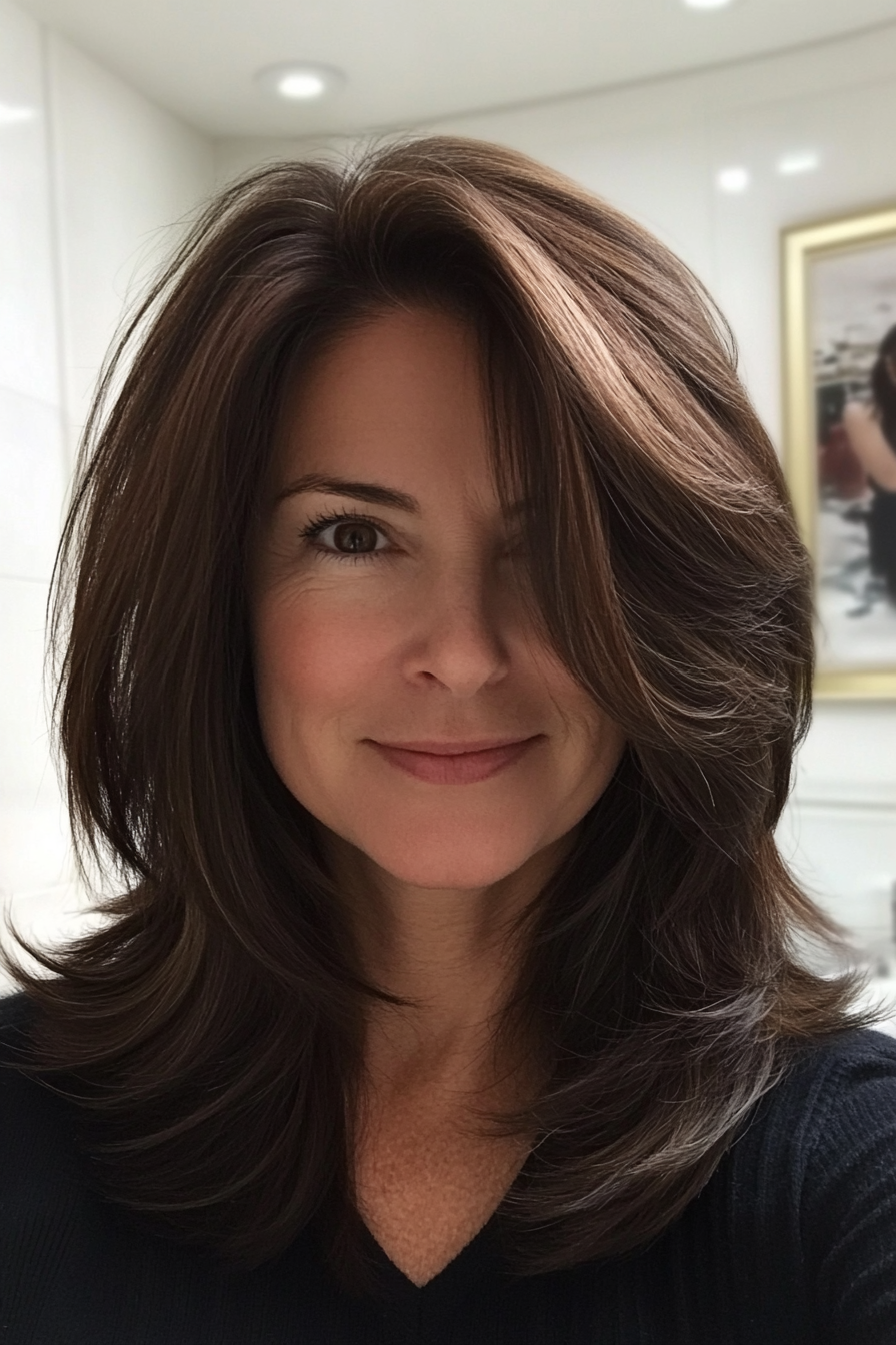 1. Feathered Shoulder-Length Layers in Dark Brown (Layered Hairstyles For Women Over 50) - Layered Hairstyles For Women Over 50