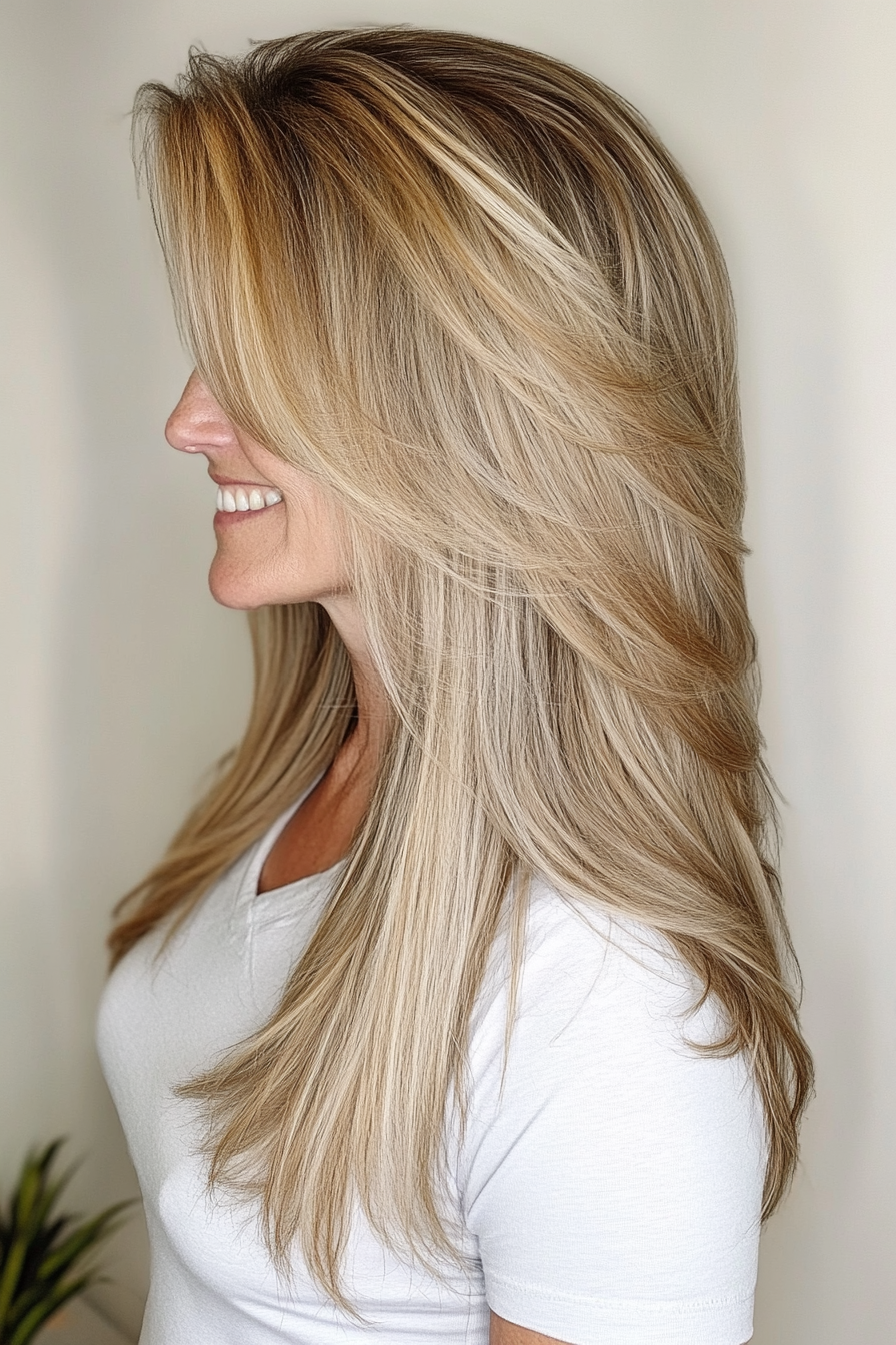 2. Long Wispy Layers with Subtle Honey Blonde Highlights (Layered Hairstyles For Women Over 50) - Layered Hairstyles For Women Over 50
