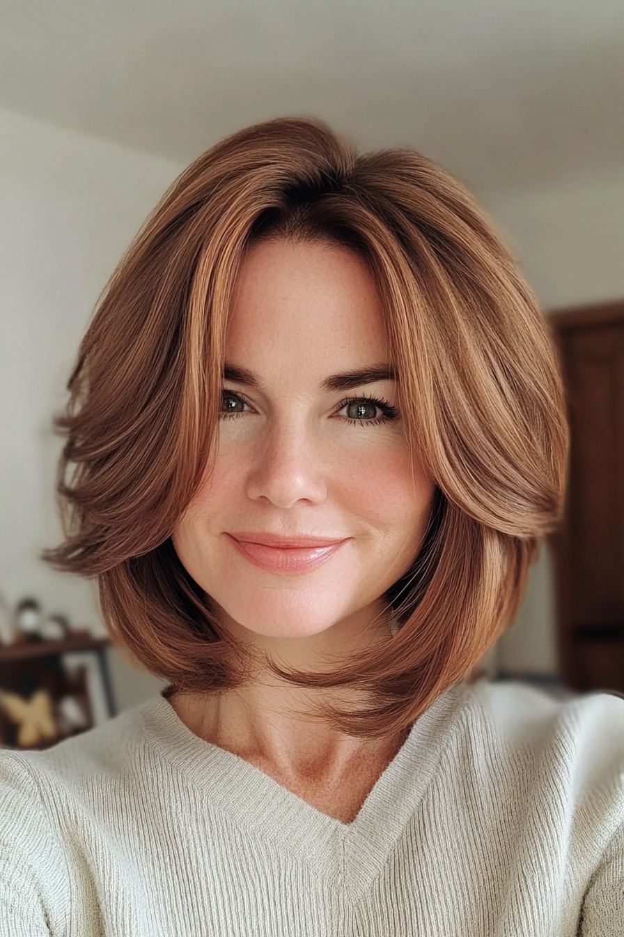 3. Classic Layered Bob in Deep Chestnut (Layered Hairstyles For Women Over 50) - Layered Hairstyles For Women Over 50