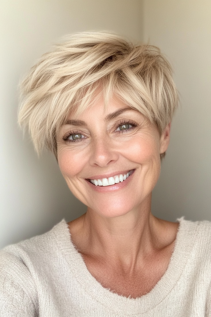 5. Textured Pixie with Sandy Blonde Undertones (Layered Hairstyles For Women Over 50) - Layered Hairstyles For Women Over 50