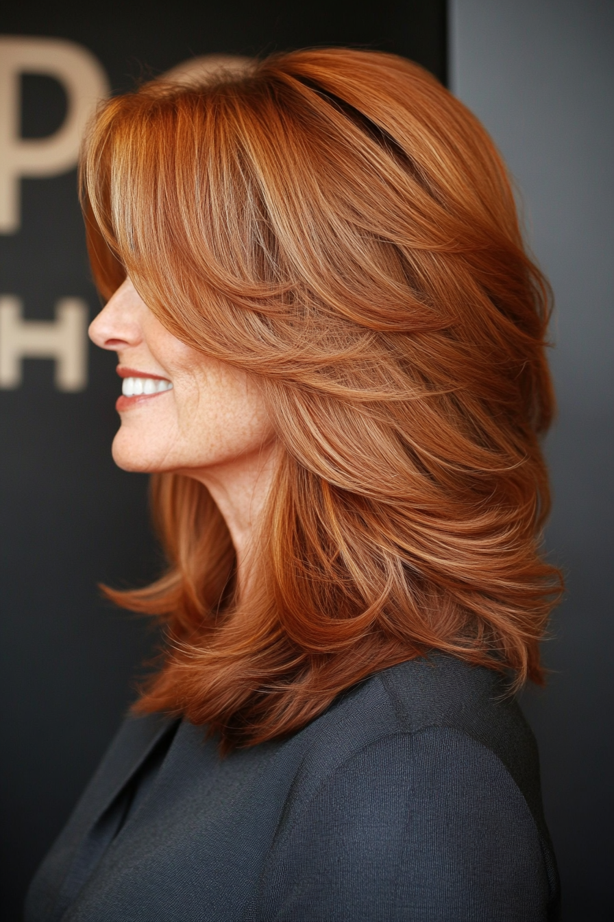 6. Voluminous Shoulder-Length Layers in Medium Auburn (Layered Hairstyles For Women Over 50) - Layered Hairstyles For Women Over 50