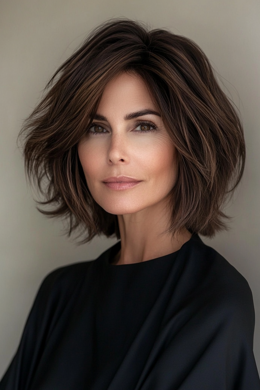 7. Side-Swept Layered Bob in Dark Mocha (Layered Hairstyles For Women Over 50) - Layered Hairstyles For Women Over 50