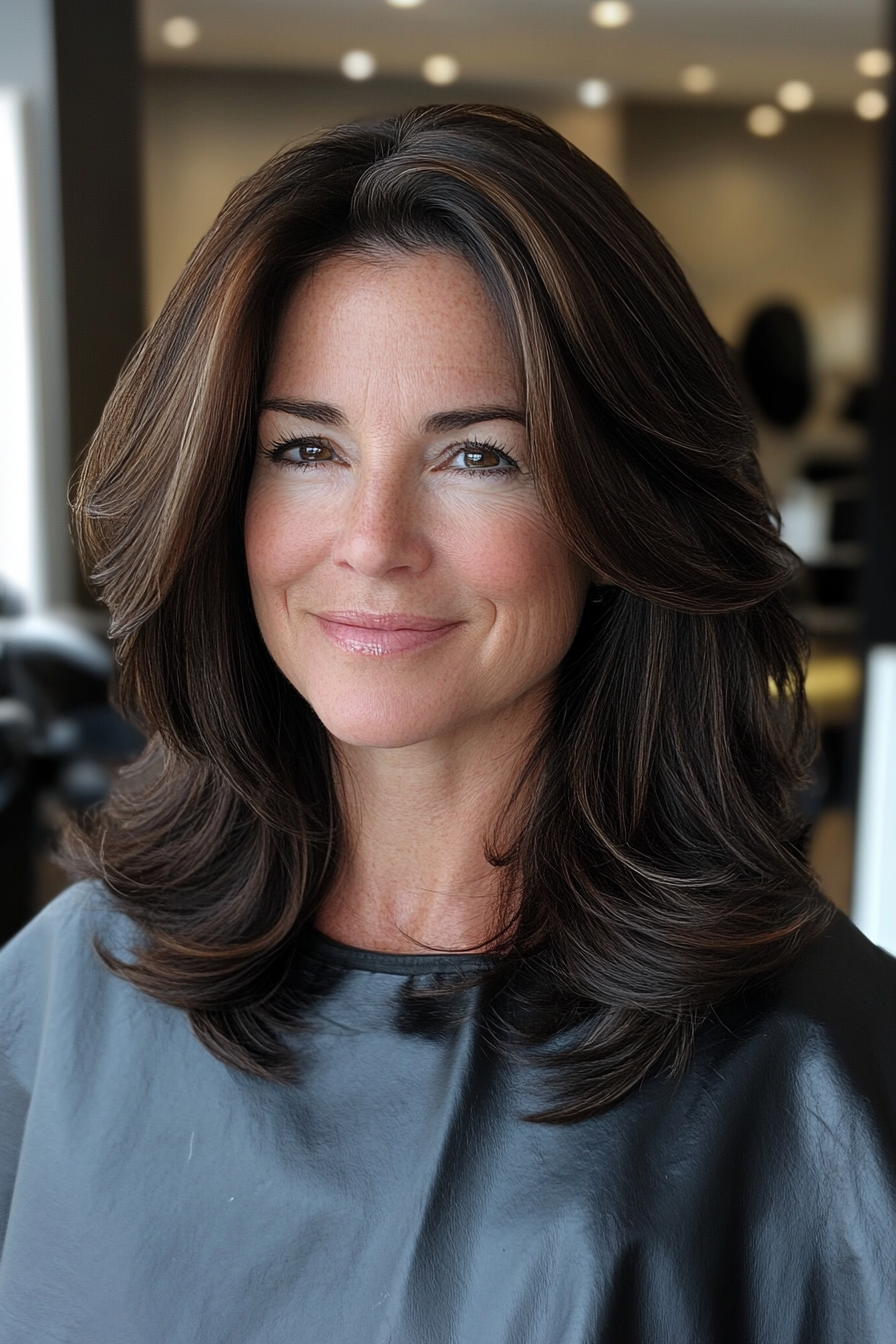 10. Tapered Layered Lob in Rich Espresso (Layered Hairstyles For Women Over 50) - Layered Hairstyles For Women Over 50