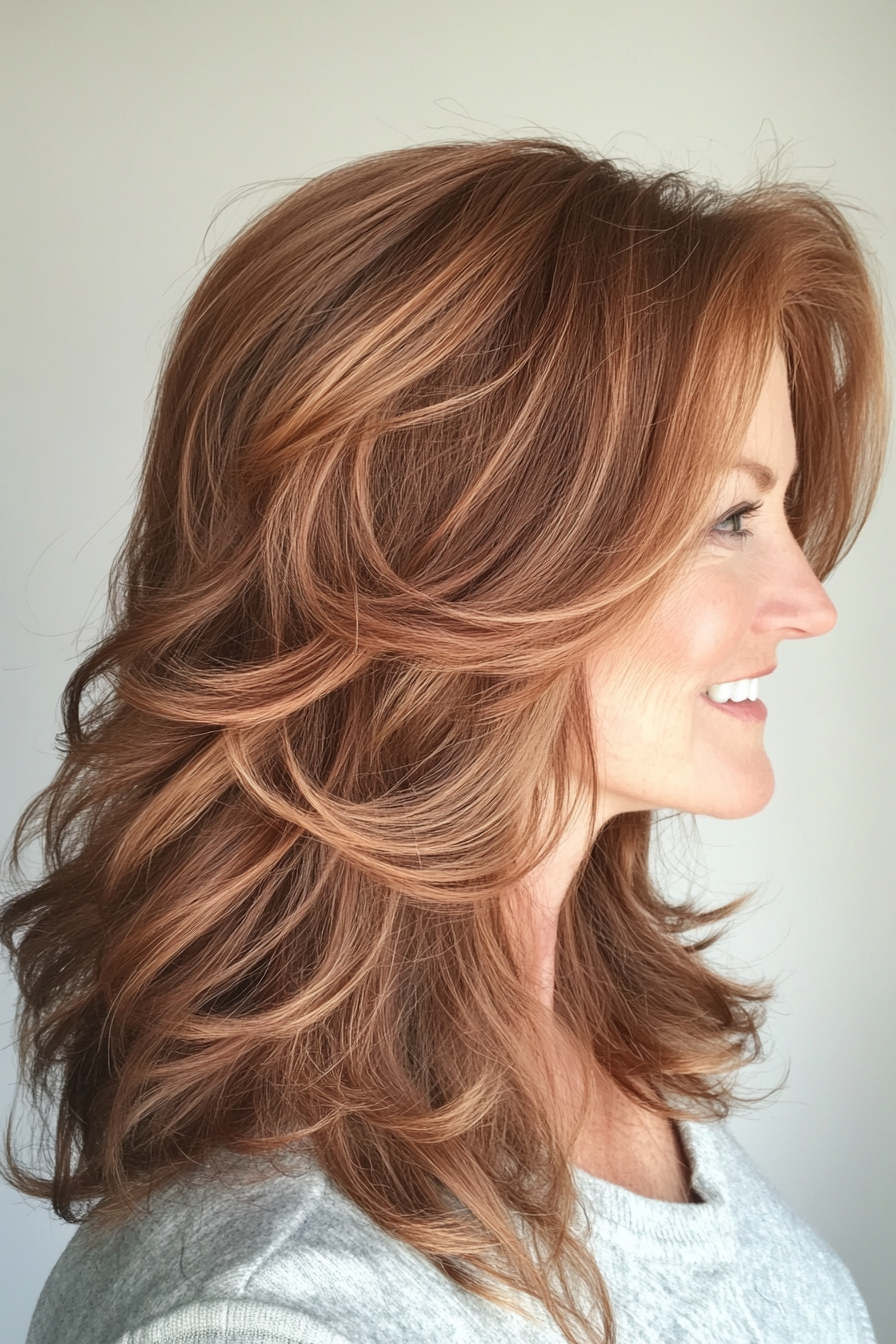 11. Wavy Shoulder-Length Layers in Chestnut Brown with Subtle Balayage (Layered Hairstyles For Women Over 50) - Layered Hairstyles For Women Over 50