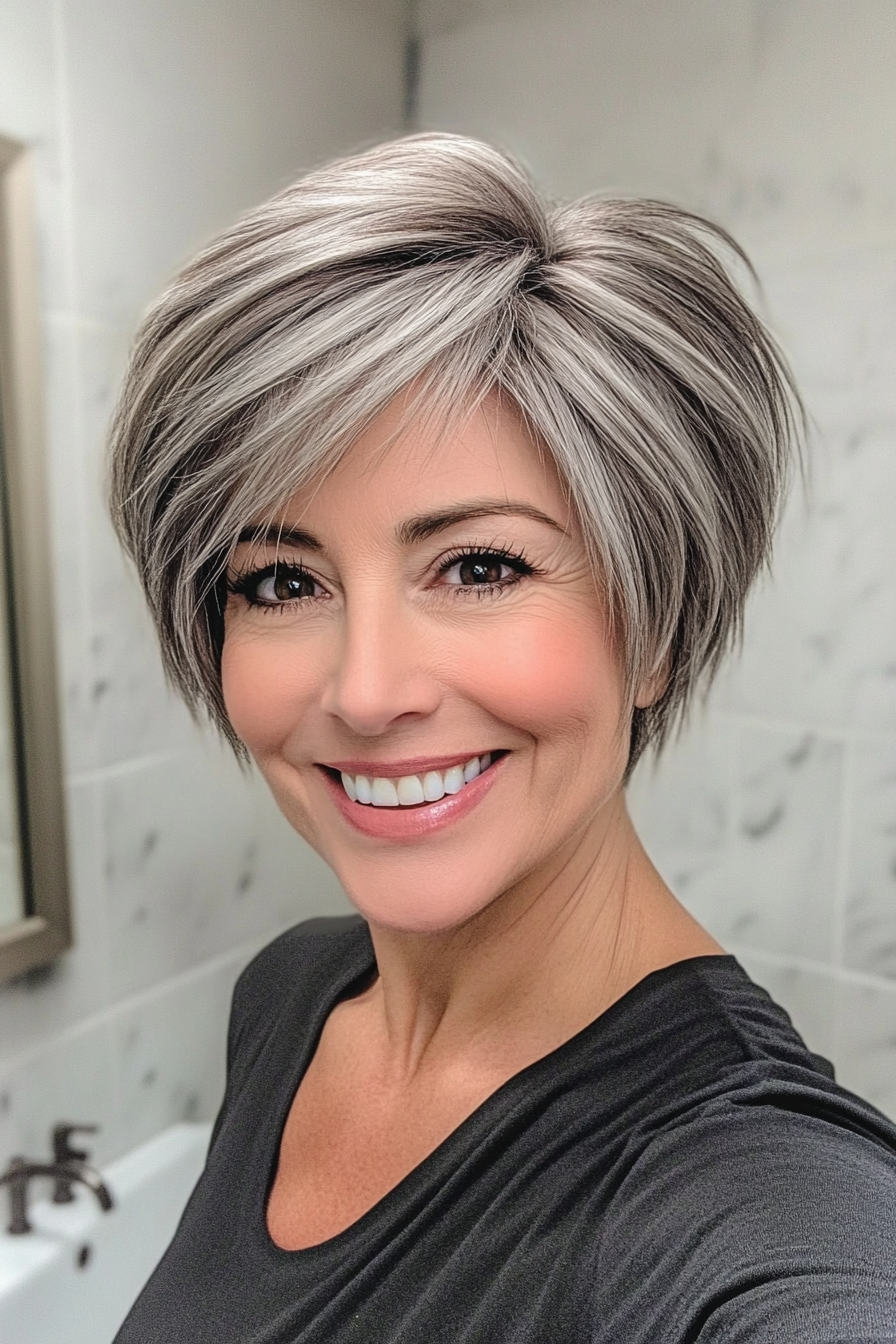 12. Short Stacked Layers in Natural Salt-and-Pepper (Layered Hairstyles For Women Over 50) - Layered Hairstyles For Women Over 50