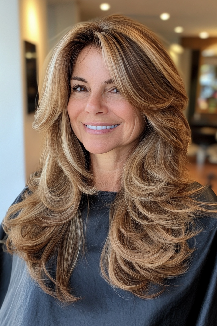 13. Long Soft Layers in Golden Brown (Layered Hairstyles For Women Over 50) - Layered Hairstyles For Women Over 50