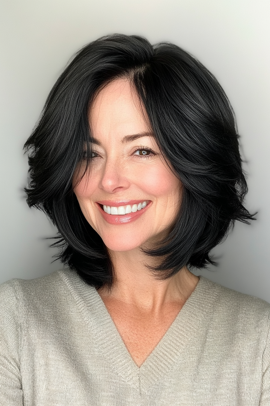 14. Chin-Length Layered Bob in Jet Black (Layered Hairstyles For Women Over 50) - Layered Hairstyles For Women Over 50