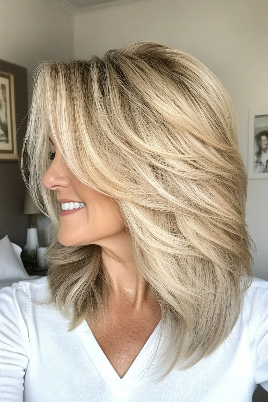 15. Medium-Length Feathered Layers in Light Ash Blonde (Layered Hairstyles For Women Over 50) - Layered Hairstyles For Women Over 50