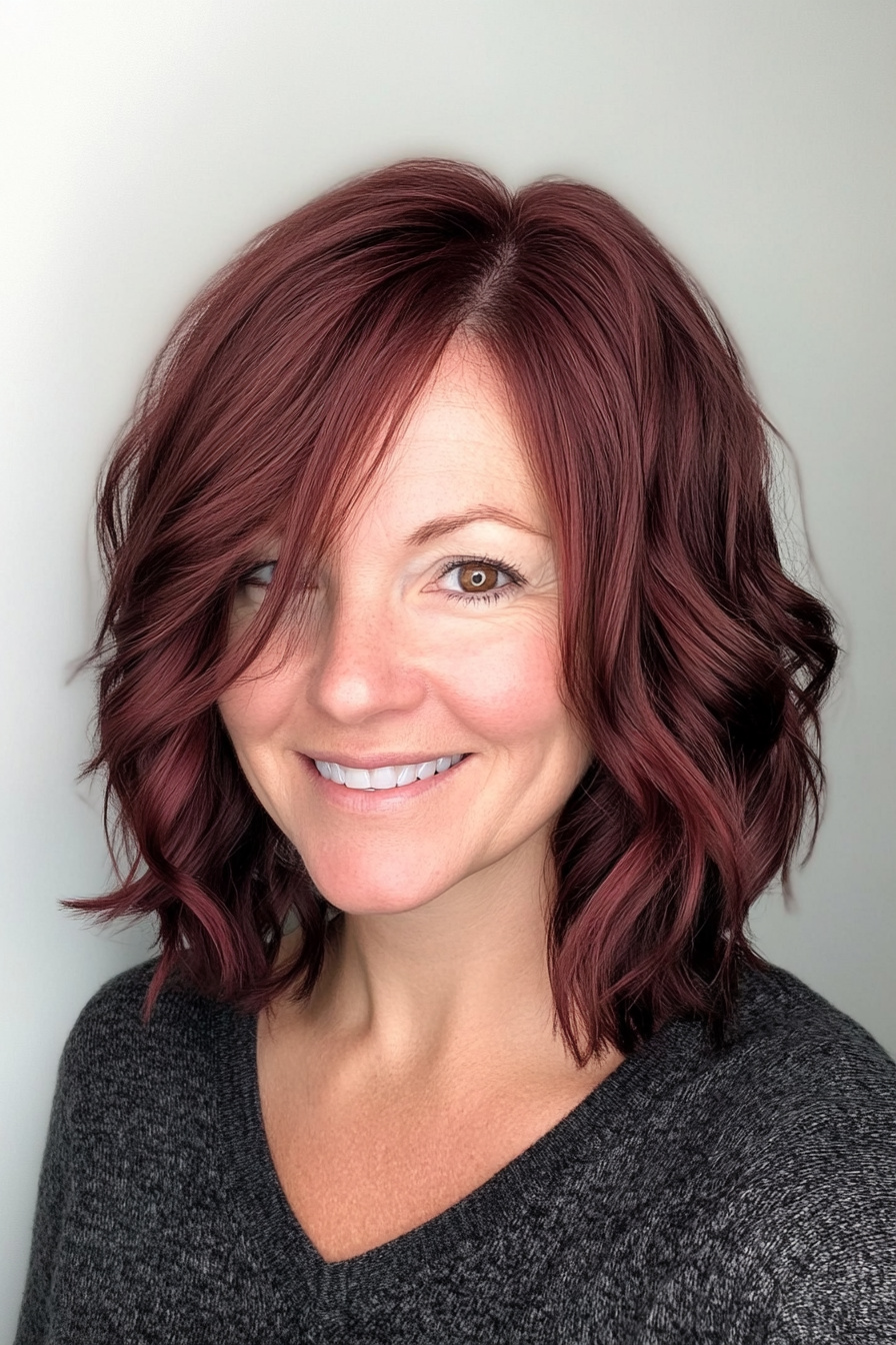 16. Layered Crop Cut in Dark Burgundy Brown (Layered Hairstyles For Women Over 50) - Layered Hairstyles For Women Over 50