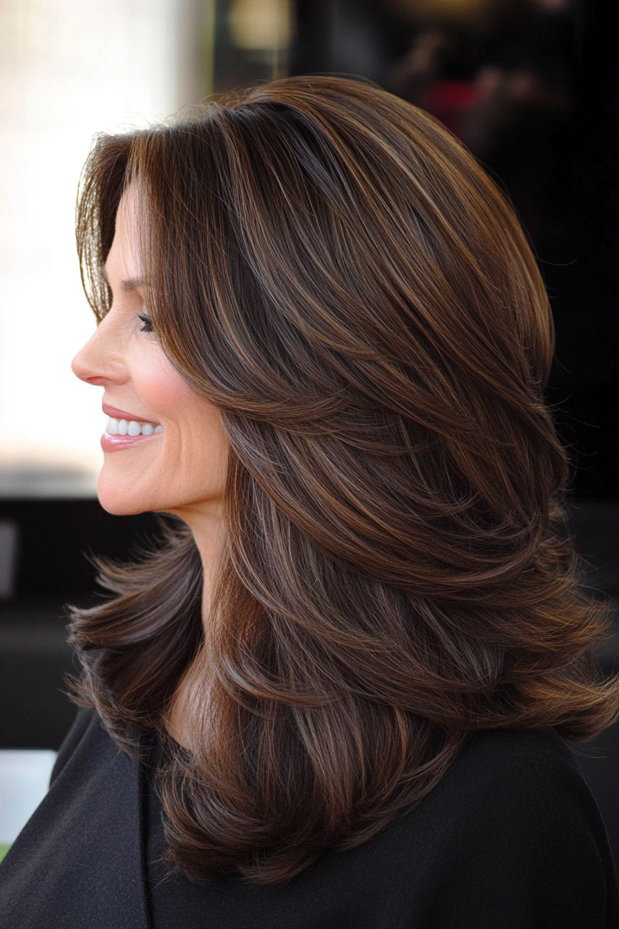 17. Classic Shoulder-Length Layers in Deep Mahogany Brown (Layered Hairstyles For Women Over 50) - Layered Hairstyles For Women Over 50